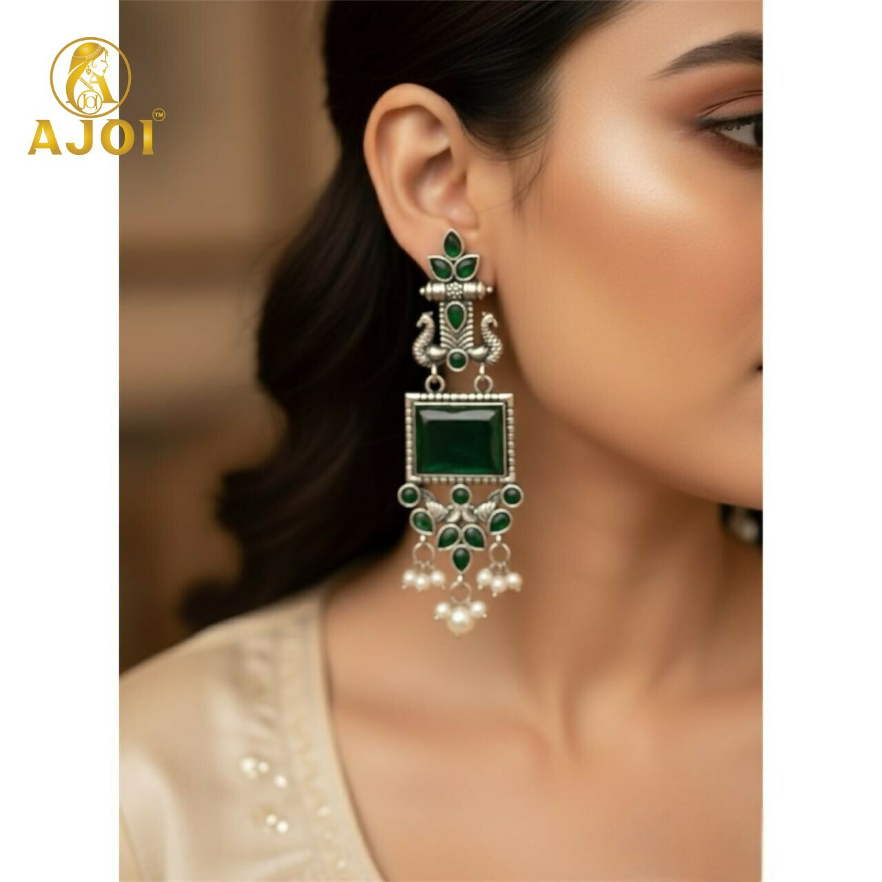 Green Kundan Pearl Earrings – Royal Antique Silver Design