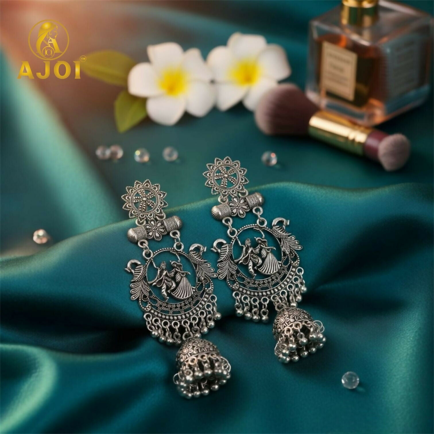 Radha Krishna Jhumka Earrings – Oxidised Silver Temple Jewellery with Ghungroo