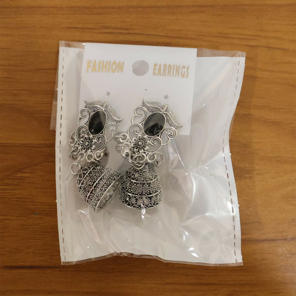 German Silver Jhumka Earrings – Elegant Black Monalisa Stones