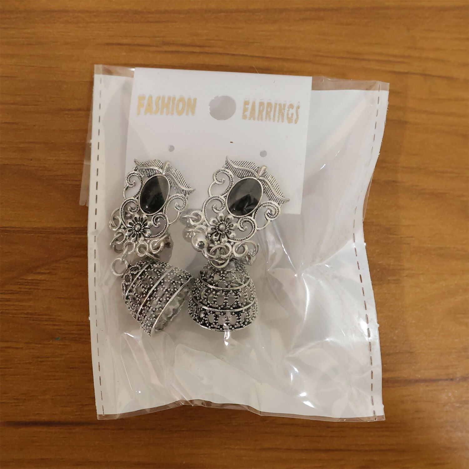 German Silver Jhumka Earrings – Elegant Black Monalisa Stones