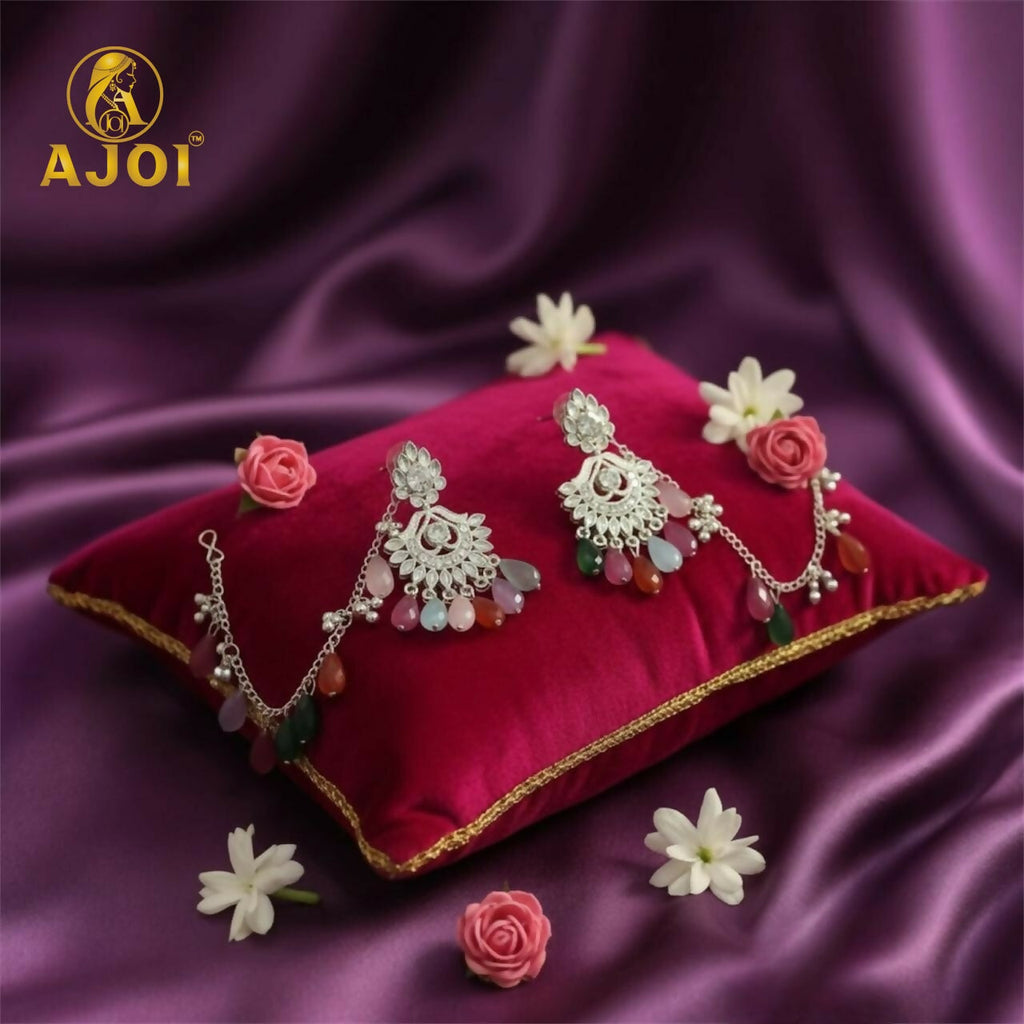 Kansar Earrings – Silver-Plated Floral Design with Multicolor Beads