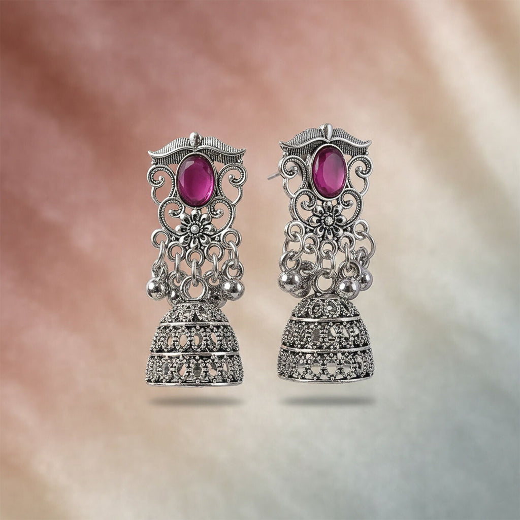 Silver Jhumka Earrings – Traditional Pink Stone & Filigree