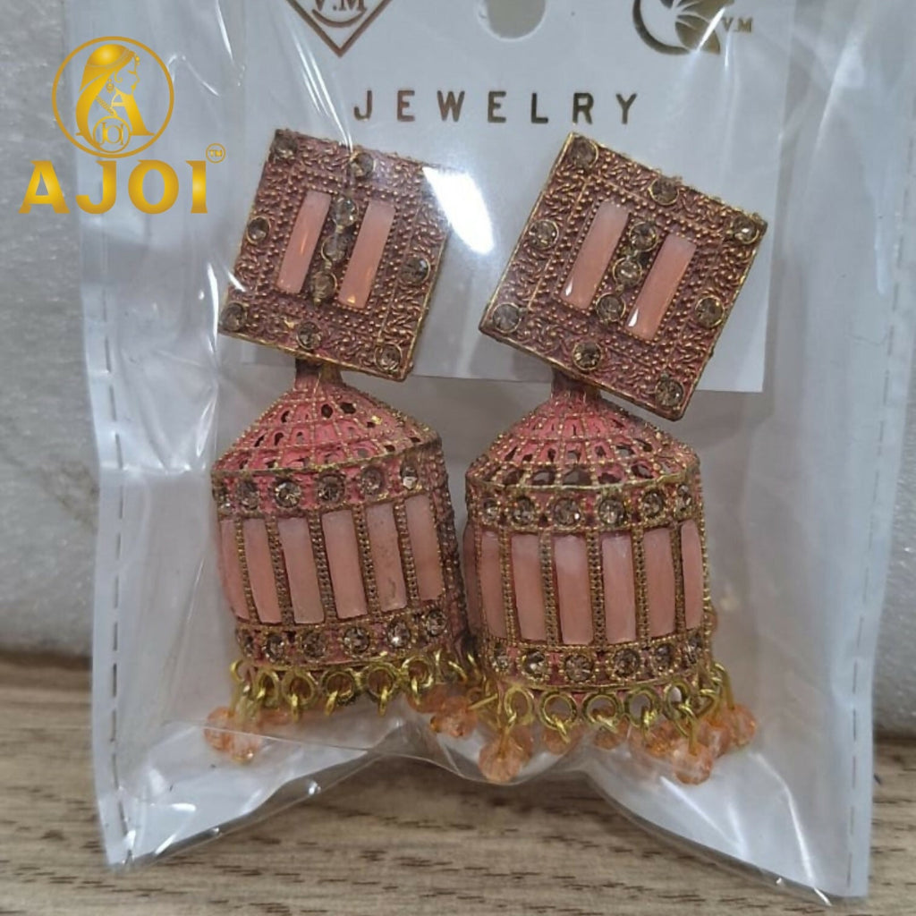 Blush Pink Designer Jhumka Earrings – Elegant Stone Detailing