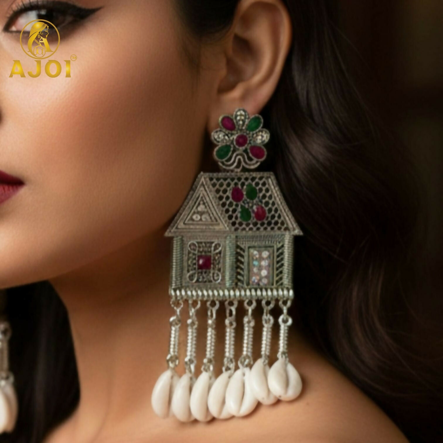 Oxidized Silver House Earrings – Multicolor Stones & Shell Danglers