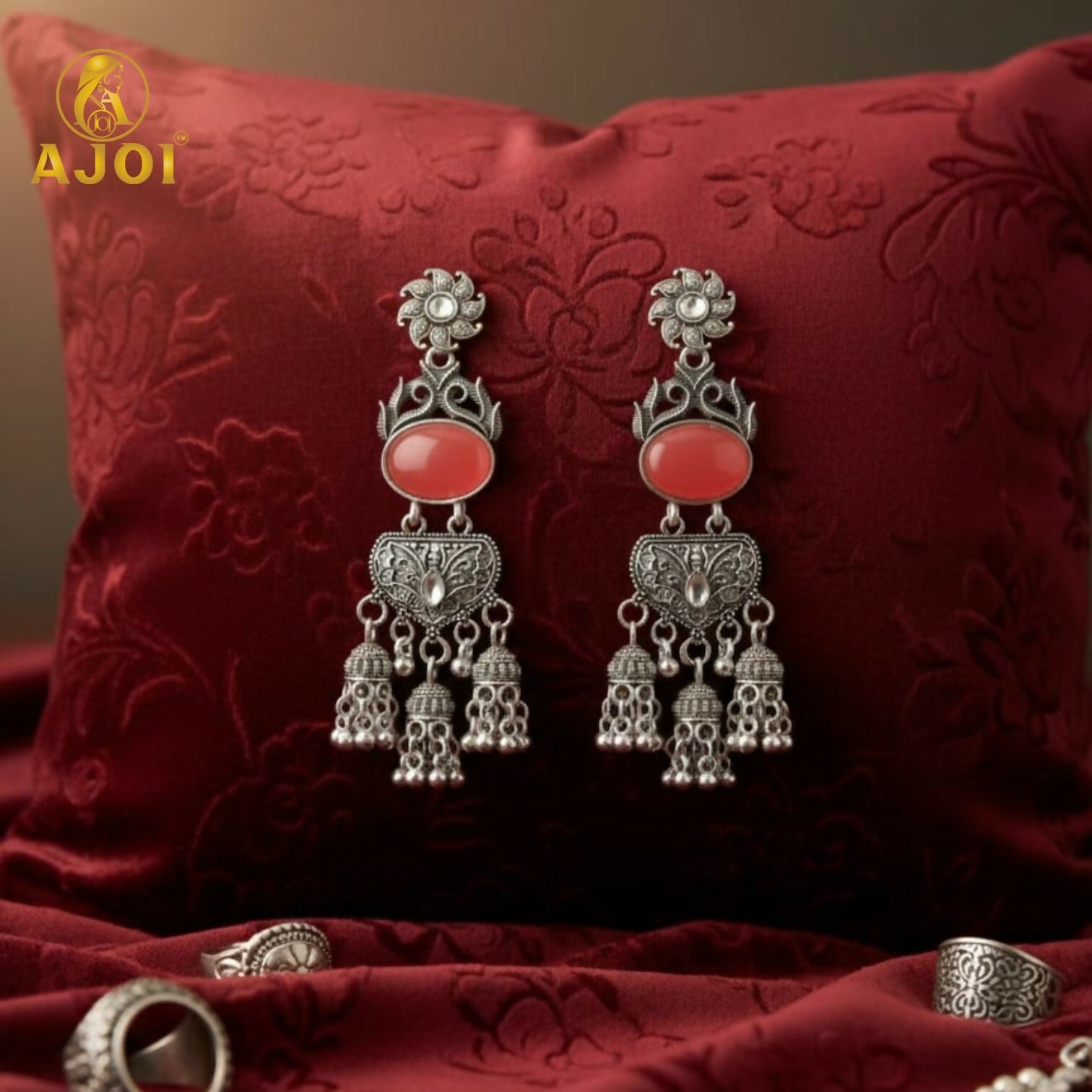 Oxidized Silver Jhumka Earrings – Red Stone & Ornate Filigree