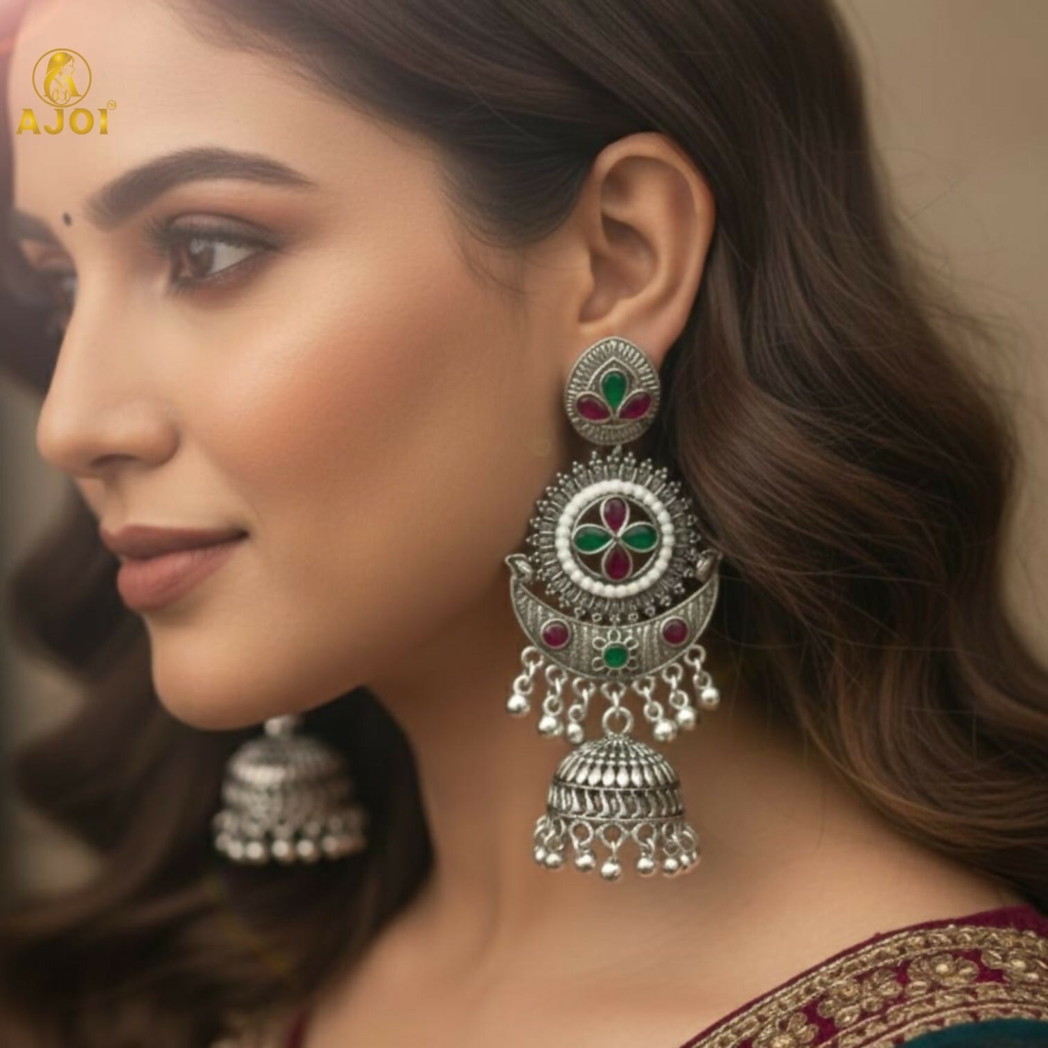 Oxidized Silver Jhumka Earrings – Multicolor Ethnic Elegance