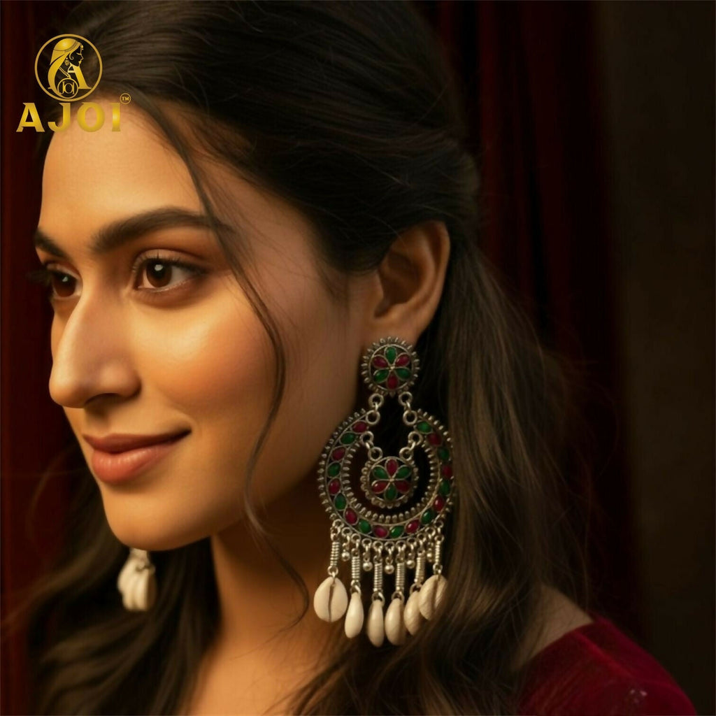Antique Silver Chandbali Earrings – Floral Meenakari & Cowrie Shells