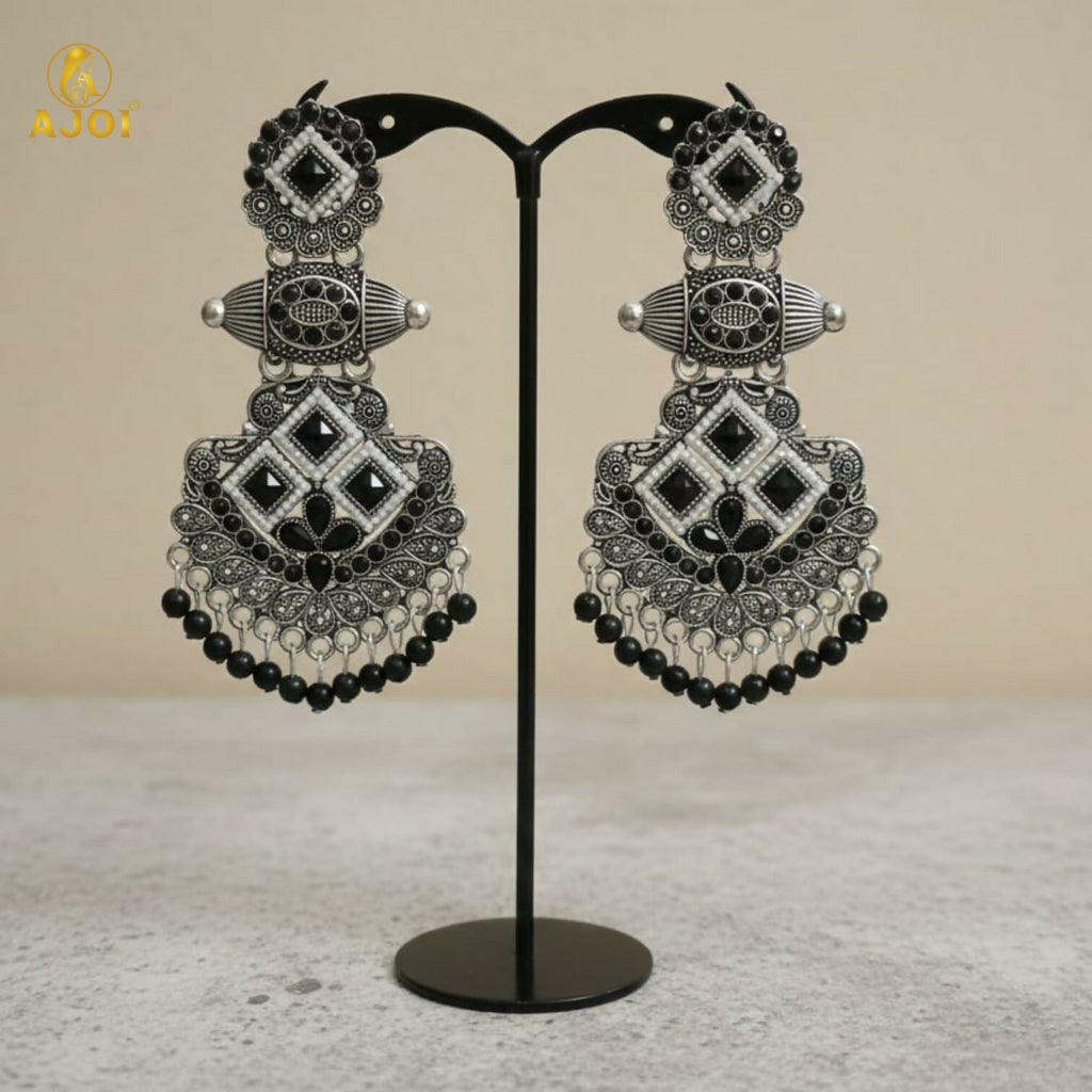 Oxidized Silver Chandbali Earrings – Elegant Black Stone Design