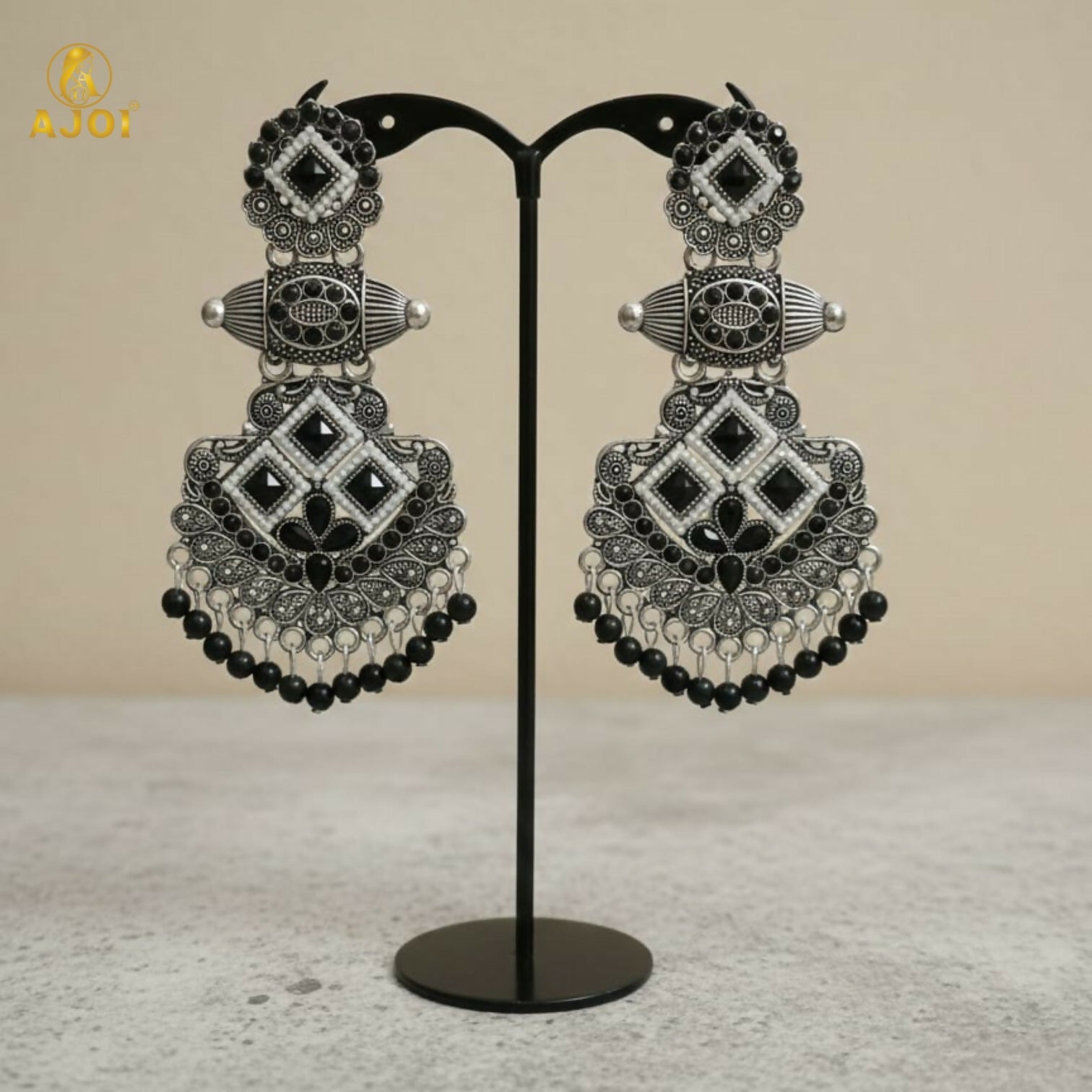 Oxidized Silver Chandbali Earrings – Elegant Black Stone Design