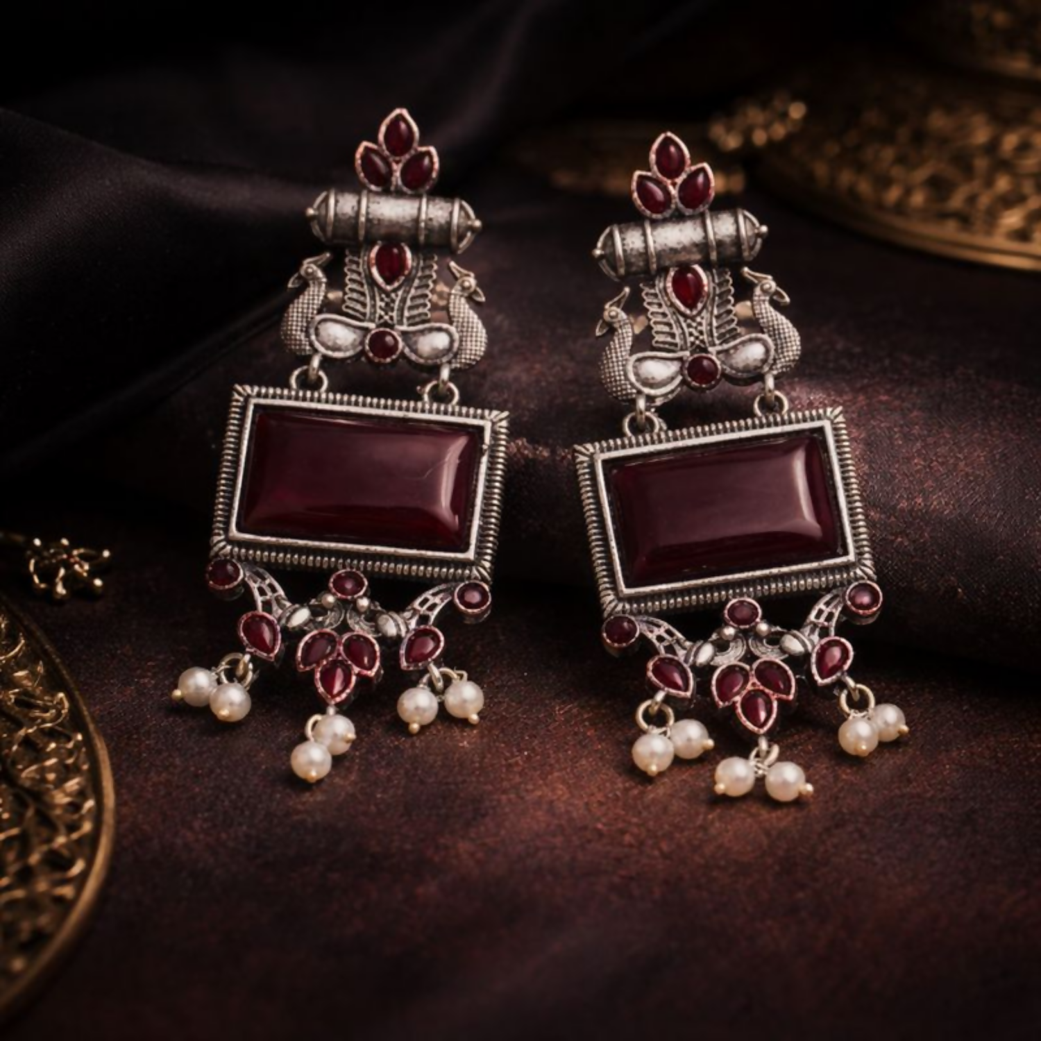 Oxidized Silver Earrings – Traditional Maroon Stone Pearl Drops
