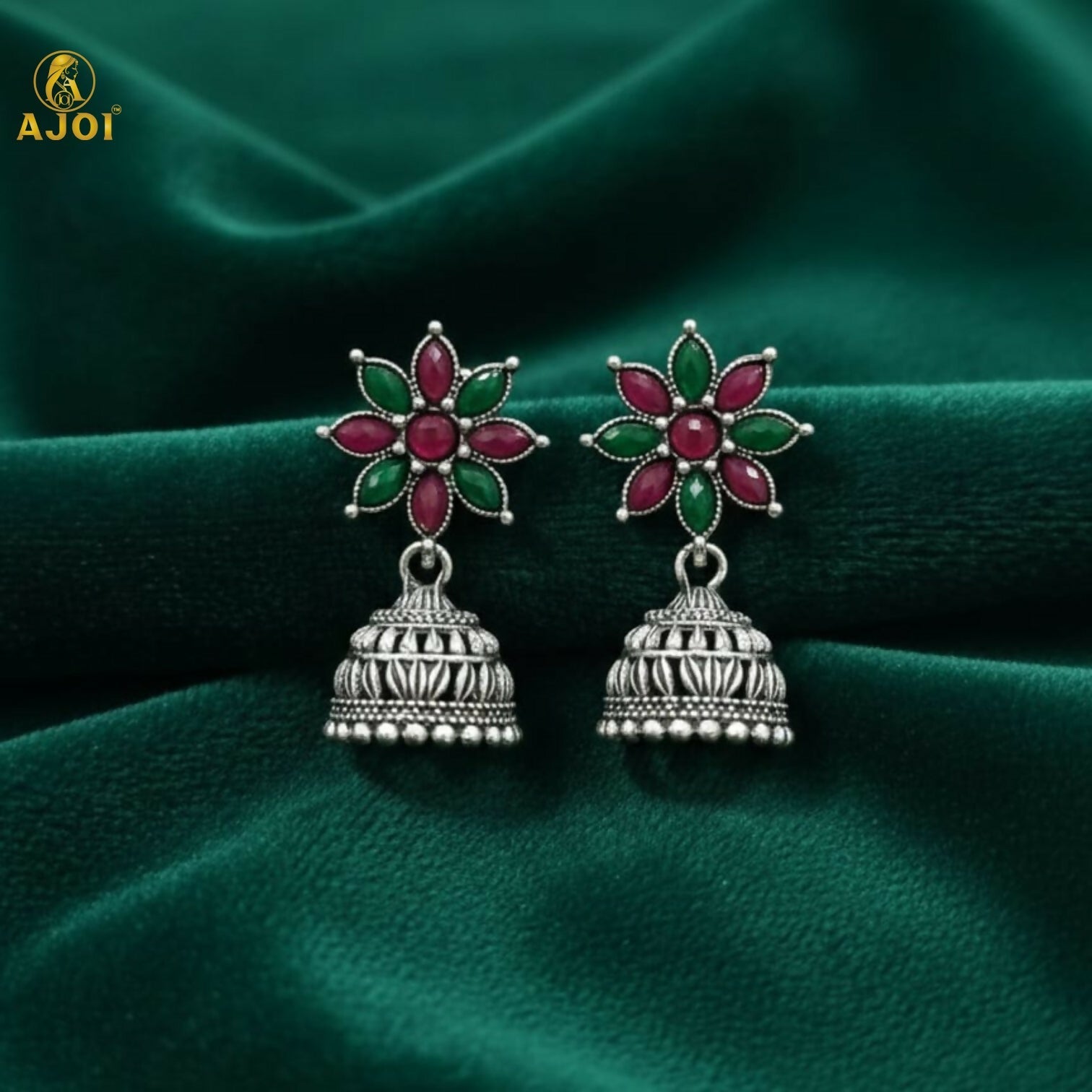 Floral Jhumka Earrings – Elegant Oxidized Silver Design