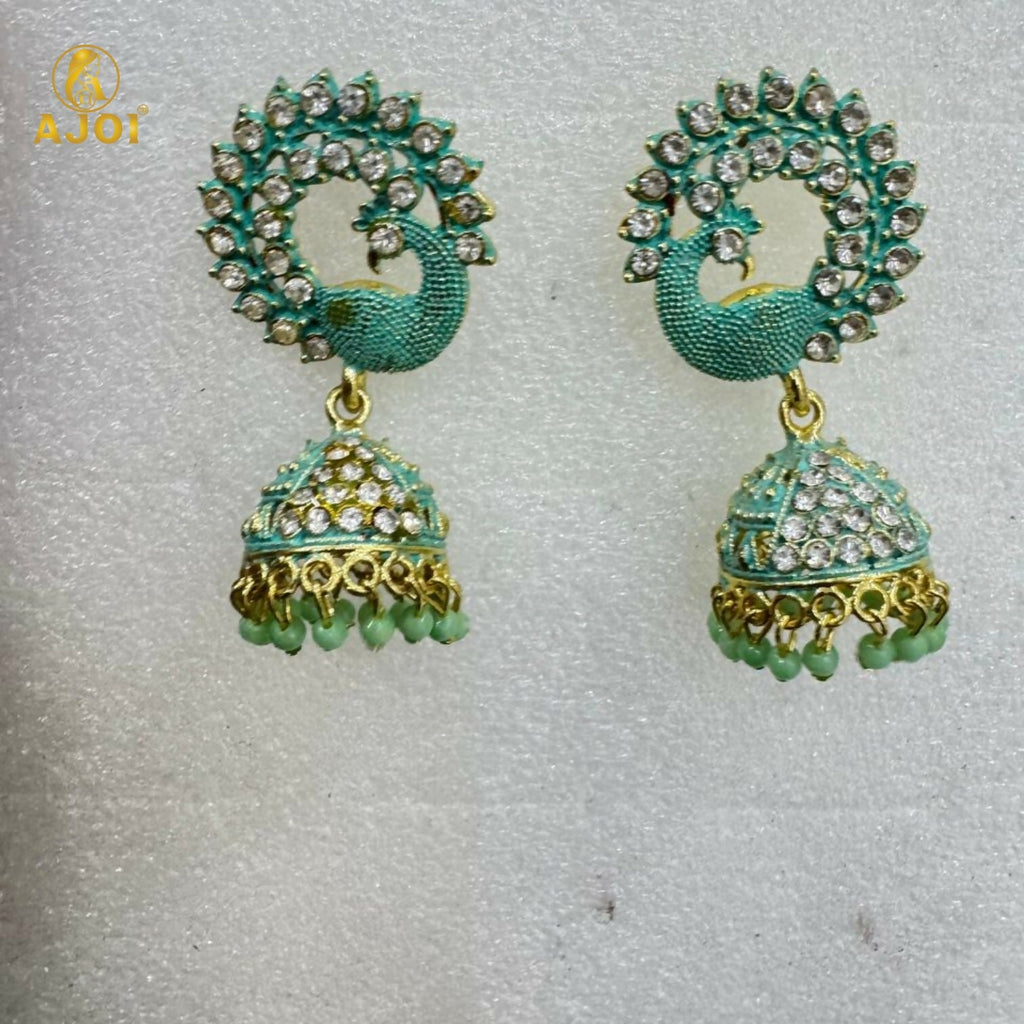 Peacock Stone Jhumka Earrings – Elegant Mint Green Festive Jewelry