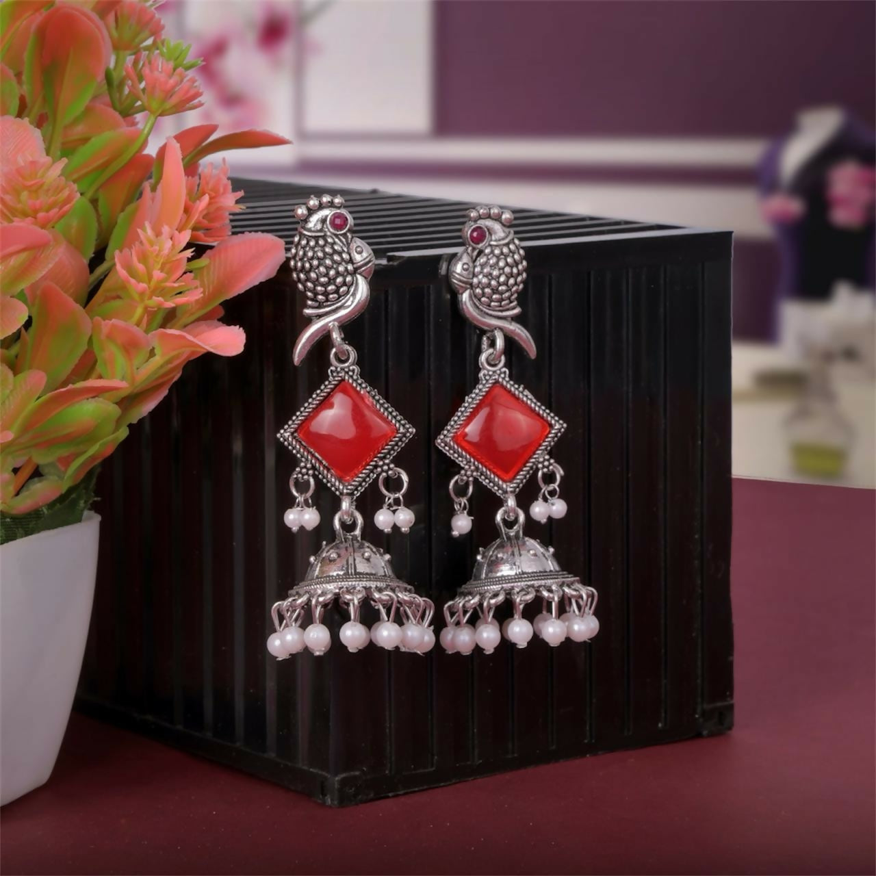 Oxidised Silver Red Stone Jhumka Earrings – Parrot Design Beauty