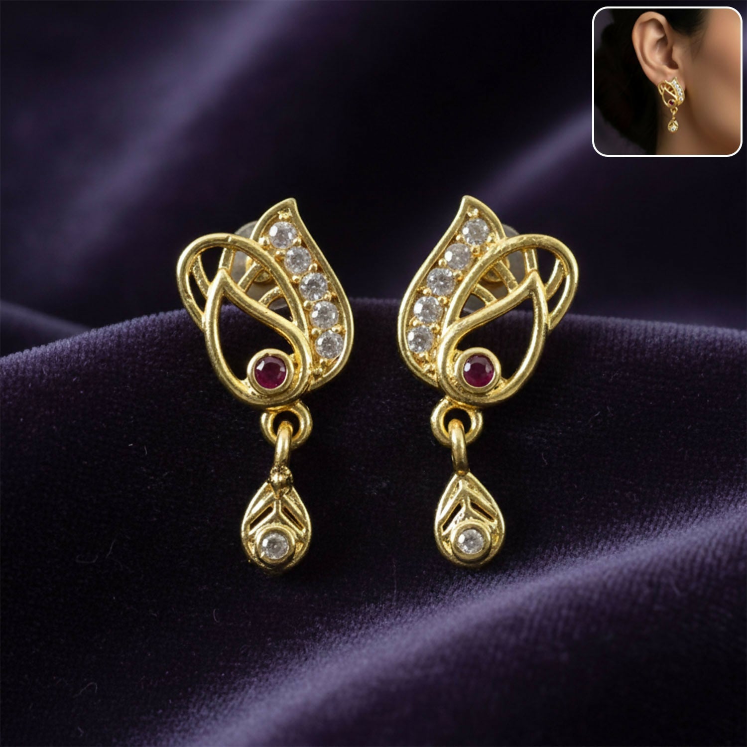 Gold Plated Ruby Accent Stud Earrings – Elegant Drop Design