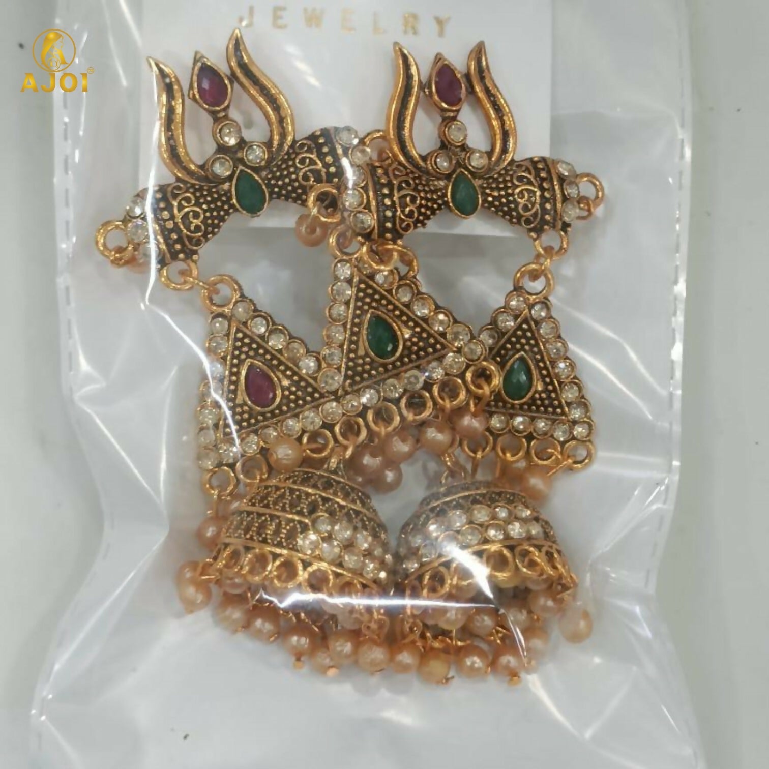 Shiv Trishul Jhumka Earrings – Antique Gold with Stone Work