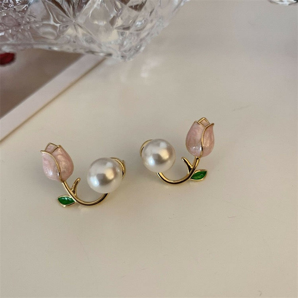 Korean Style Earrings – Dainty Enamel Tulip & Round Pearl