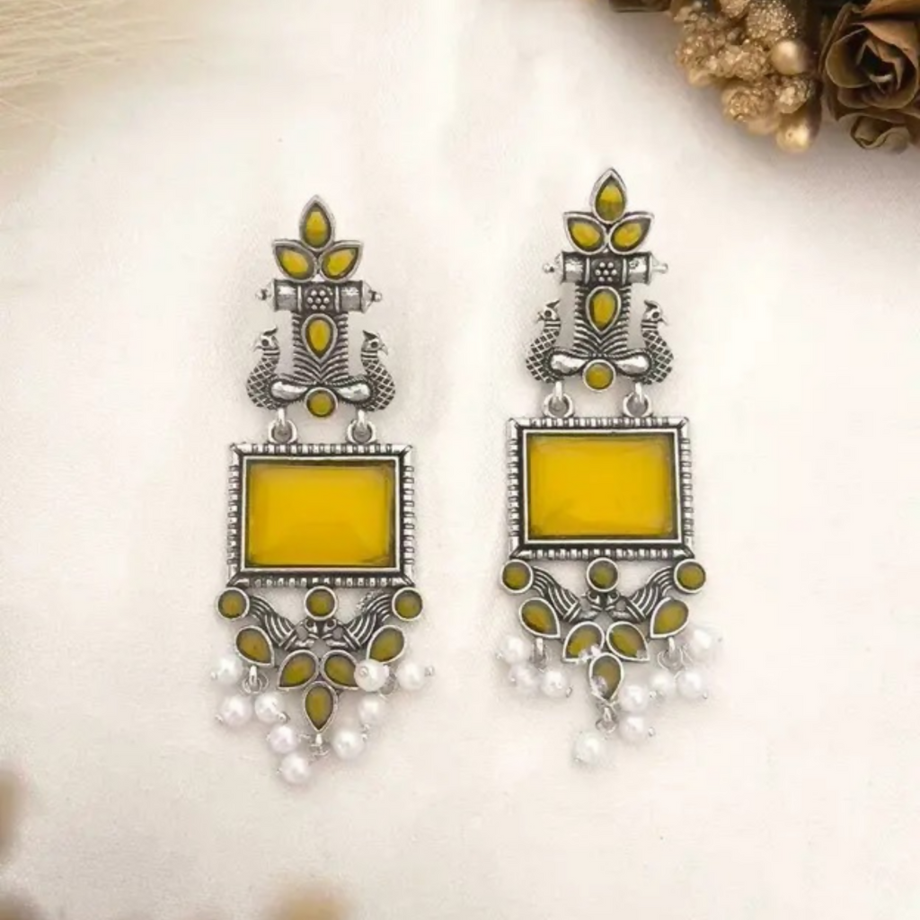 Oxidized Silver Yellow Stone Pearl Earrings – Traditional Elegance