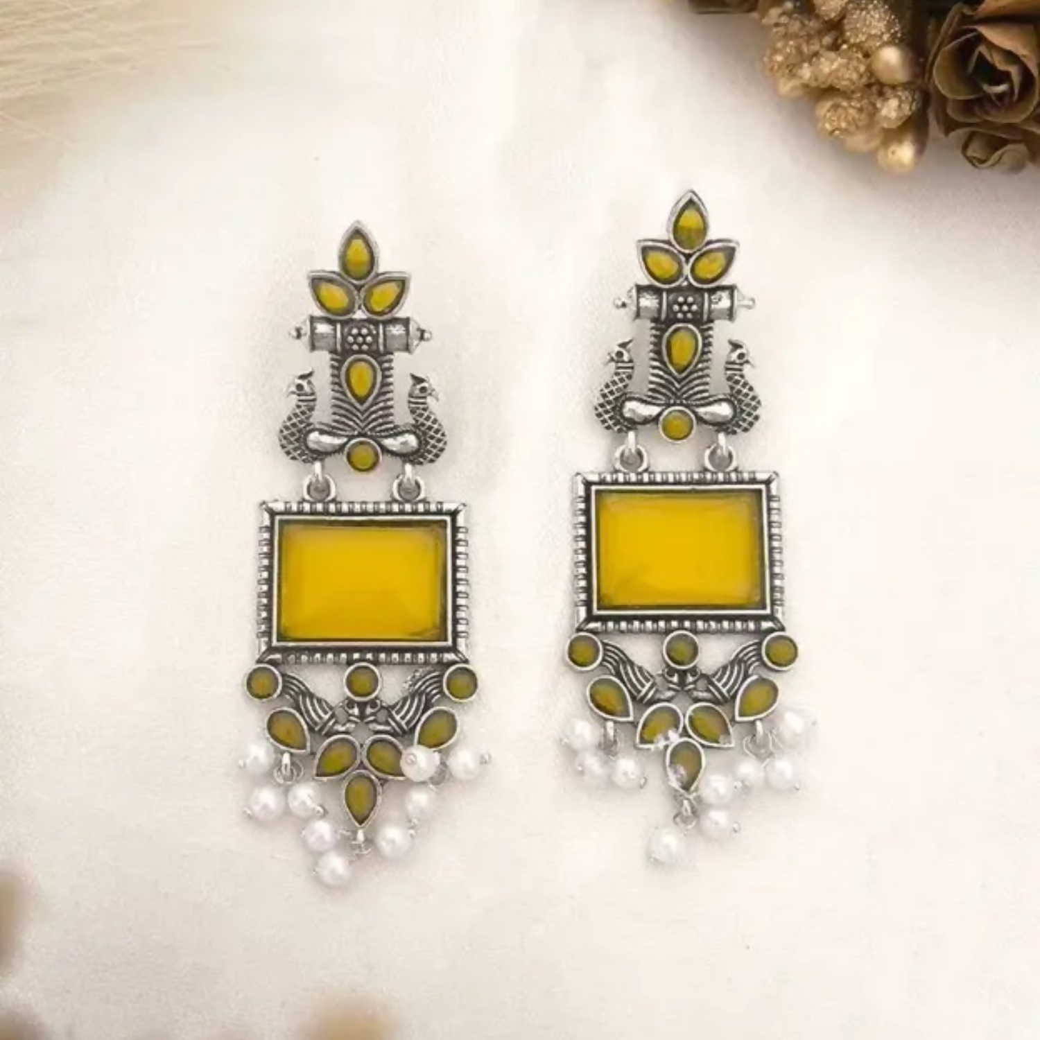 Oxidized Silver Yellow Stone Pearl Earrings – Traditional Elegance