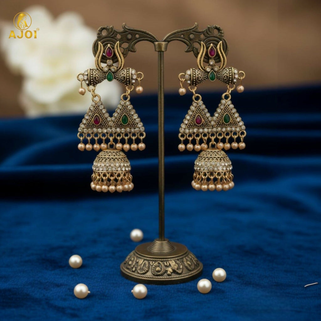 Shiv Trishul Jhumka Earrings – Antique Gold with Stone Work