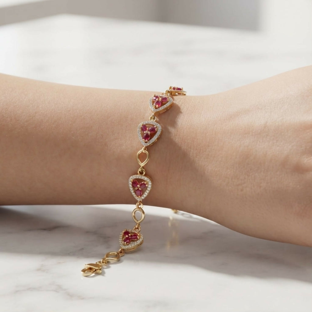 Pink Stone Clover Triangle Bracelet with Crystal Halo and Gold-Tone Links for Women