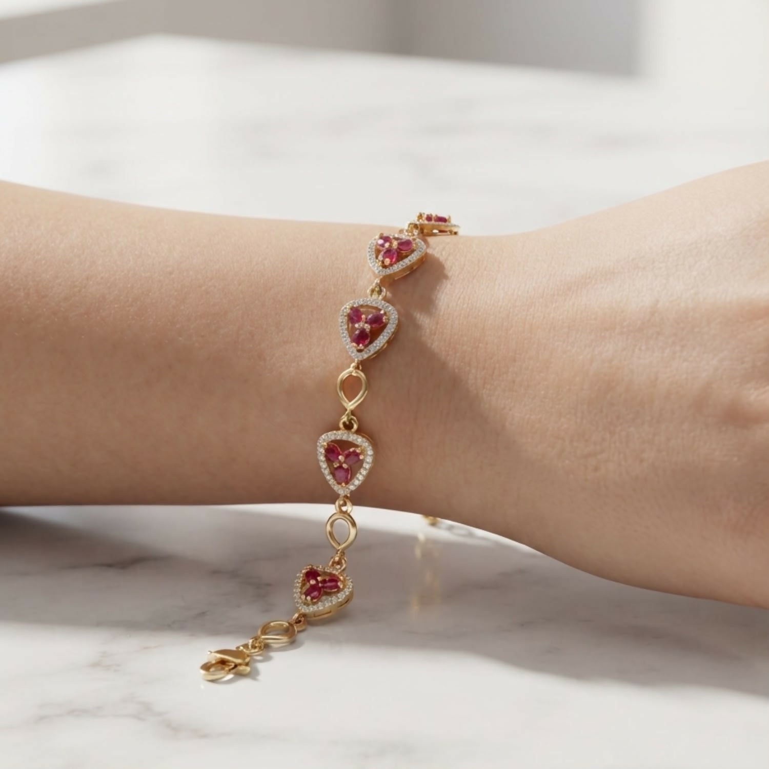 Pink Stone Clover Triangle Bracelet with Crystal Halo and Gold-Tone Links for Women