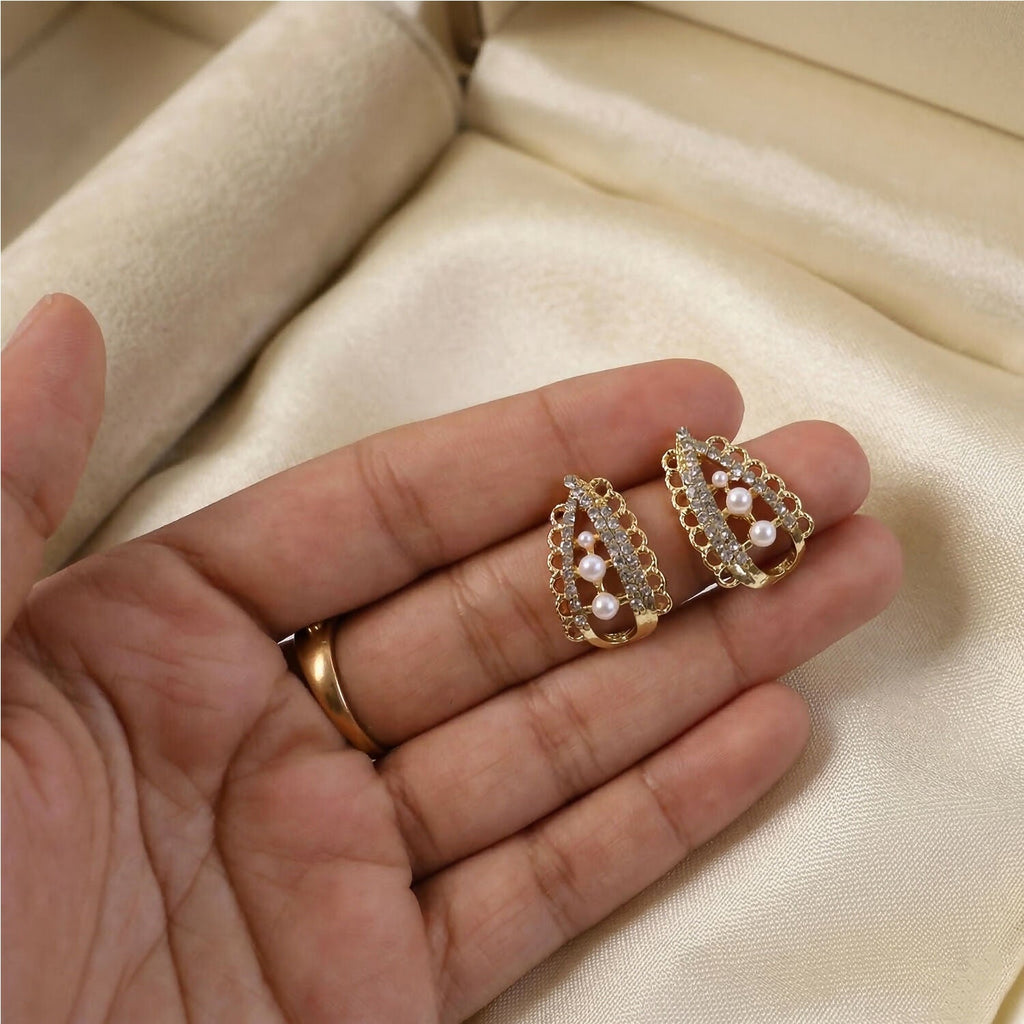 Pearl Stud Earrings – Korean Crystal Arch & Triple Pearl Design