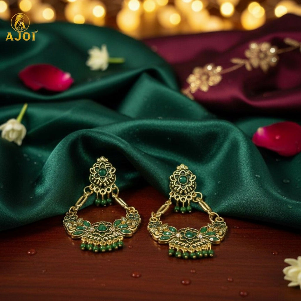 Chandbali Earrings – Antique Gold-Plated with Green Stones