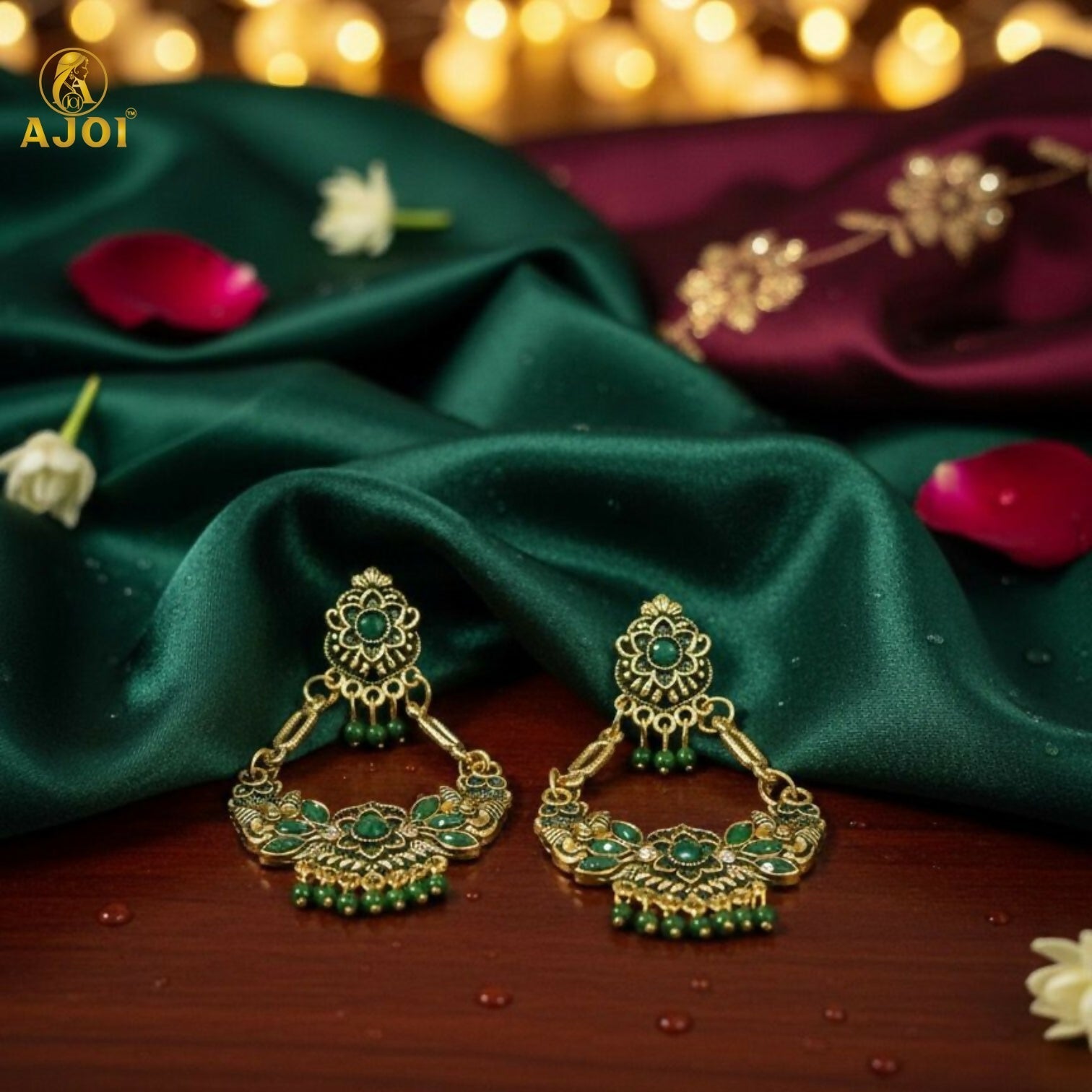 Chandbali Earrings – Antique Gold-Plated with Green Stones