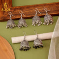 Oxidised Silver Jhumka Earrings Set - Pearl & Beaded Combo