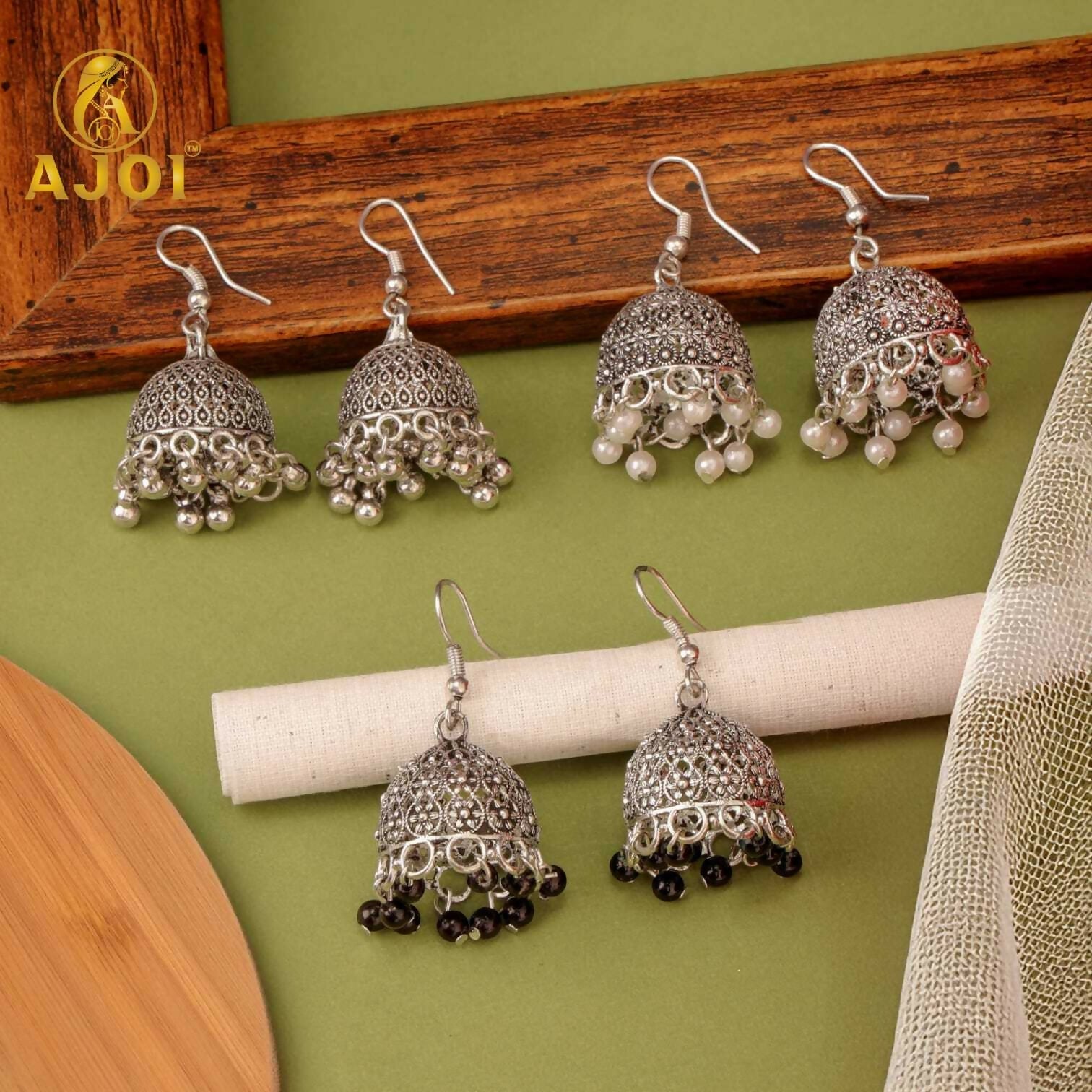 Oxidised Silver Jhumka Earrings Set - Pearl & Beaded Combo