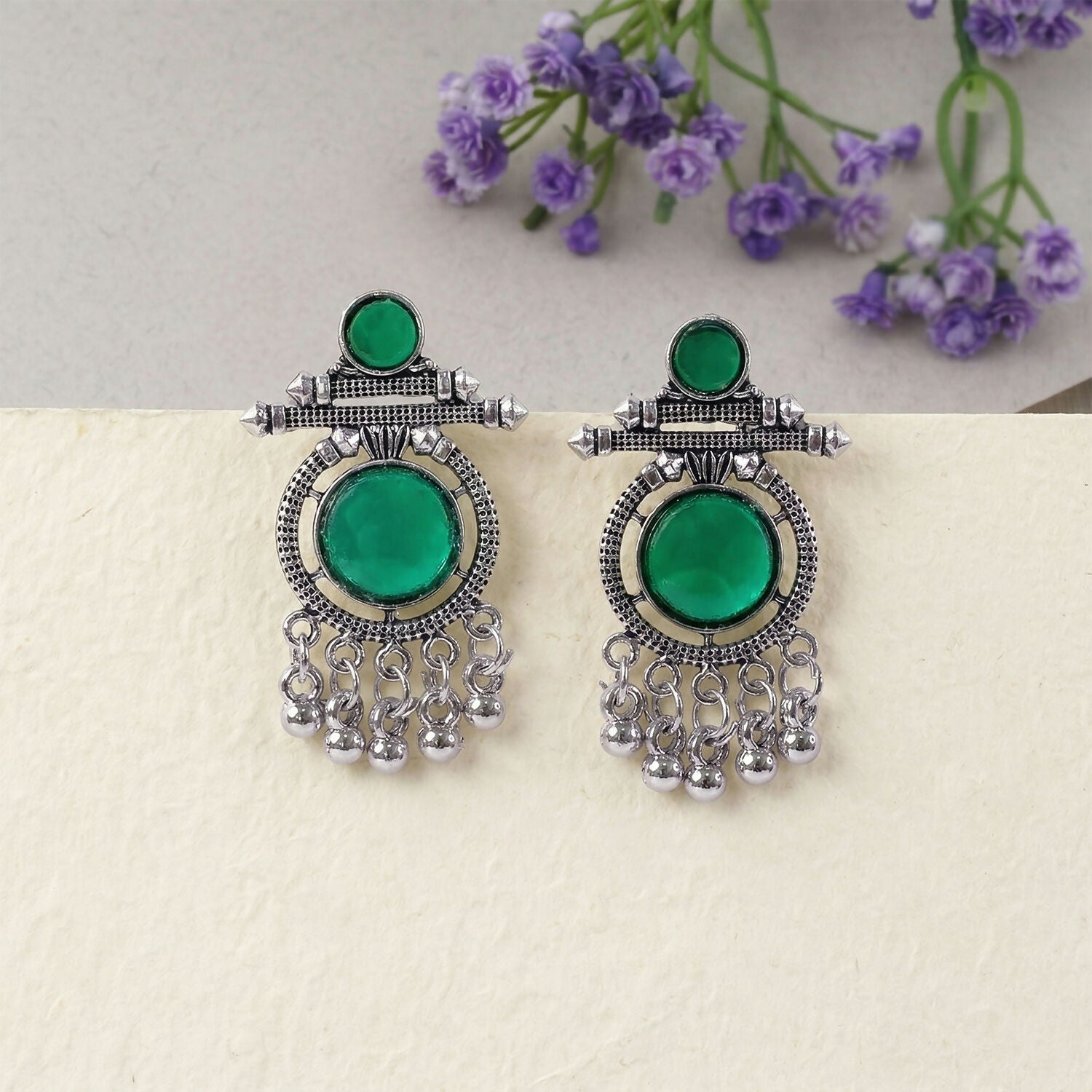 German Silver Green Stone Earrings – Festive & Party Style