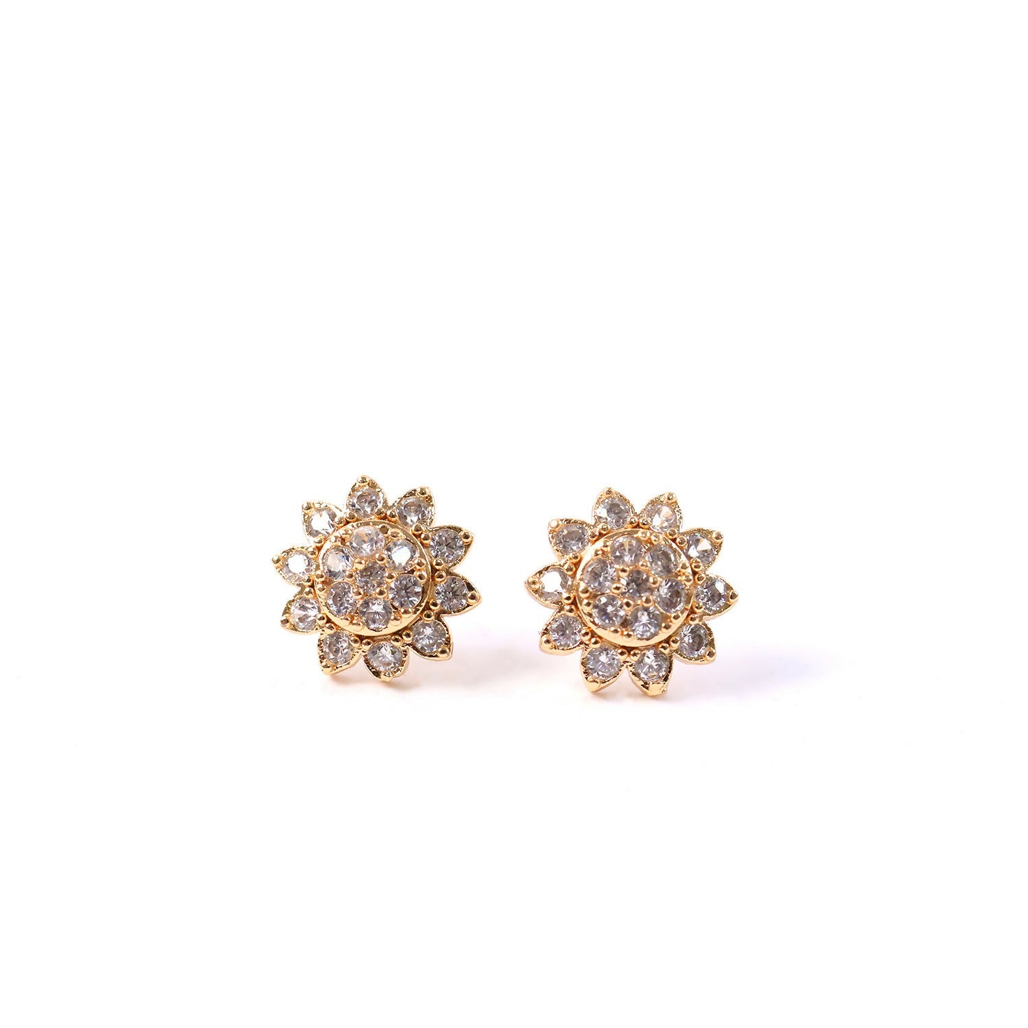 Floral CZ Stud Earrings – Elegant Gold Tone Finish for Women