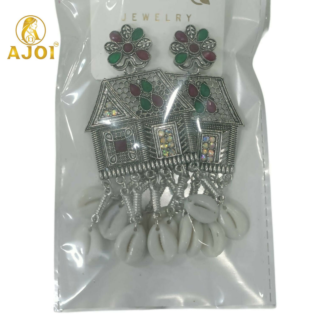 Oxidized Silver House Earrings – Multicolor Stones & Shell Danglers