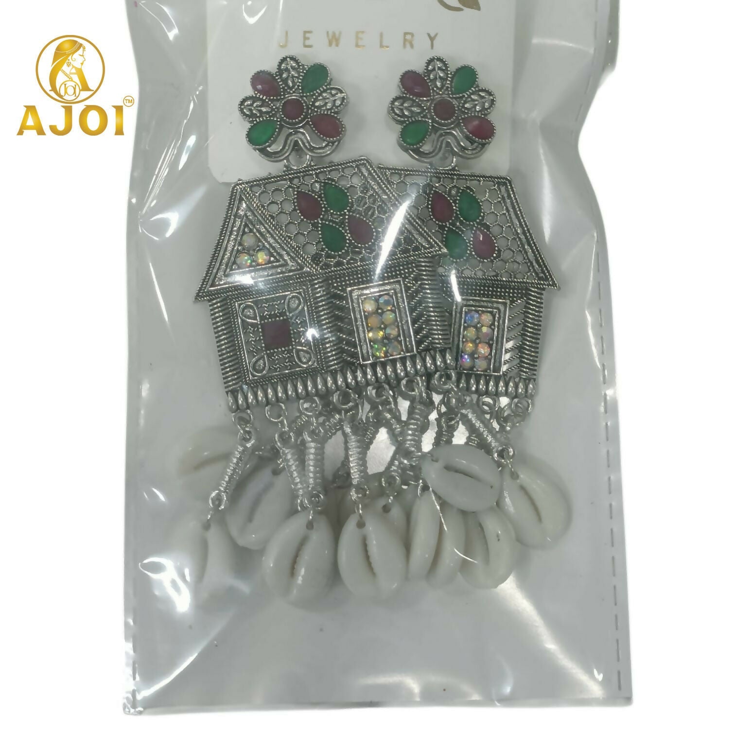 Oxidized Silver House Earrings – Multicolor Stones & Shell Danglers