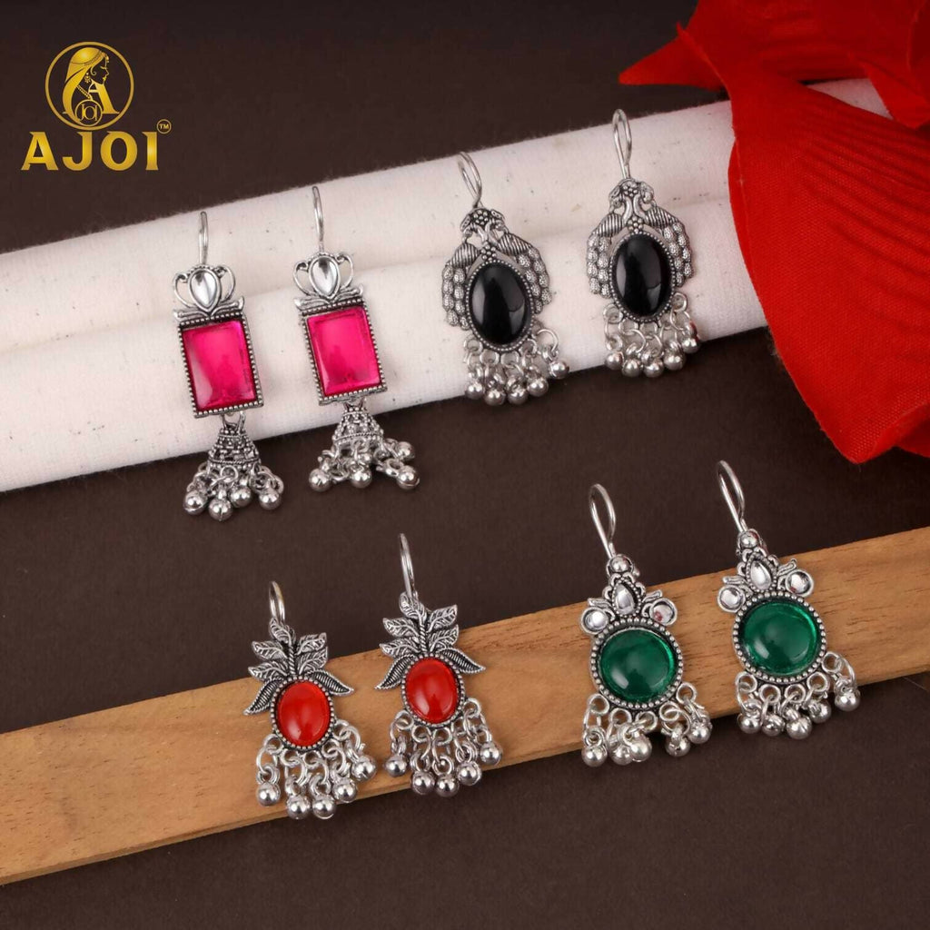 Oxidised Silver Afghani Earrings Set – 4 Pairs with Colored Stones
