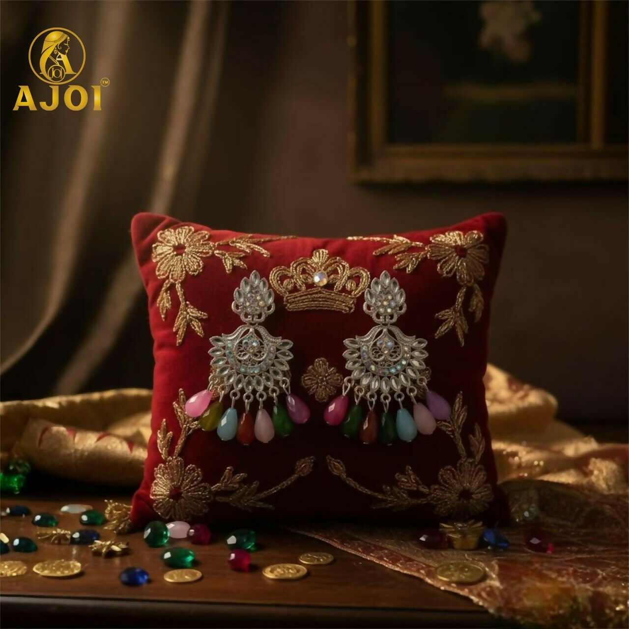 Kansar Earrings – Silver-Plated Floral Design with Multicolor Beads