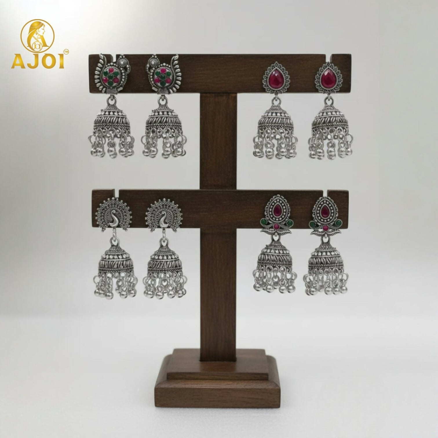 Oxidised Silver Jhumka Earrings Set – 4 Pairs with Intricate Stone Detailing