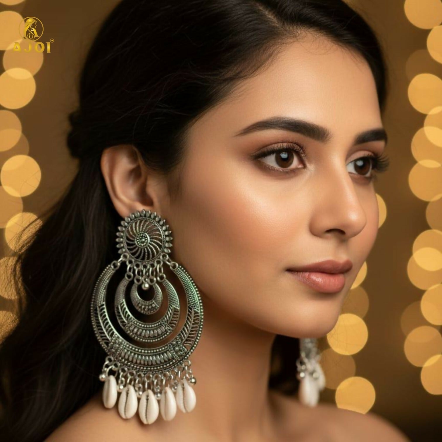 Oxidized Silver Chandbali Earrings with Cowrie Shell Drops