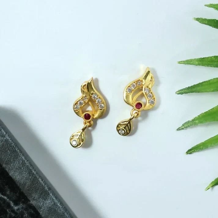 Gold Tone Leaf Earrings with Ruby Accent and Hanging Drop