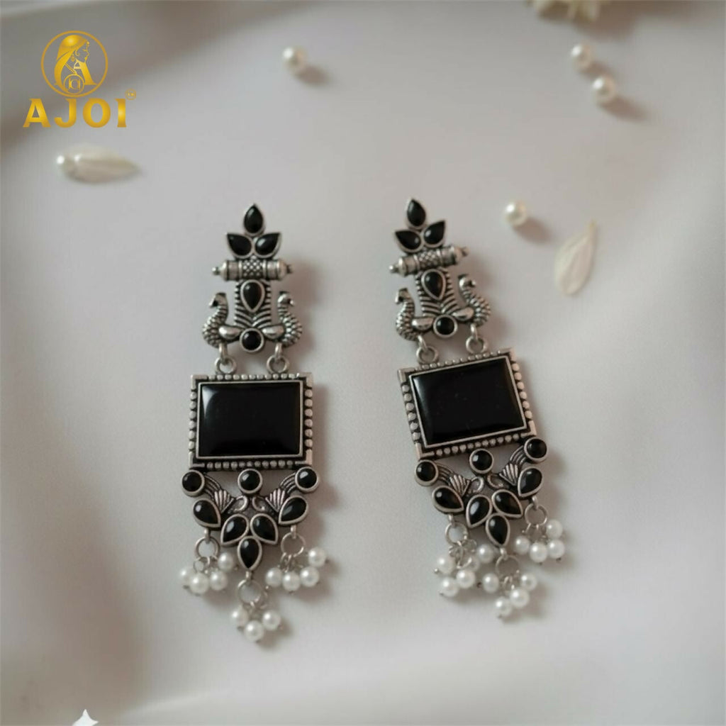 Antique Black Square Stone Oxidised Silver Earrings – Ethnic Pearl Drops