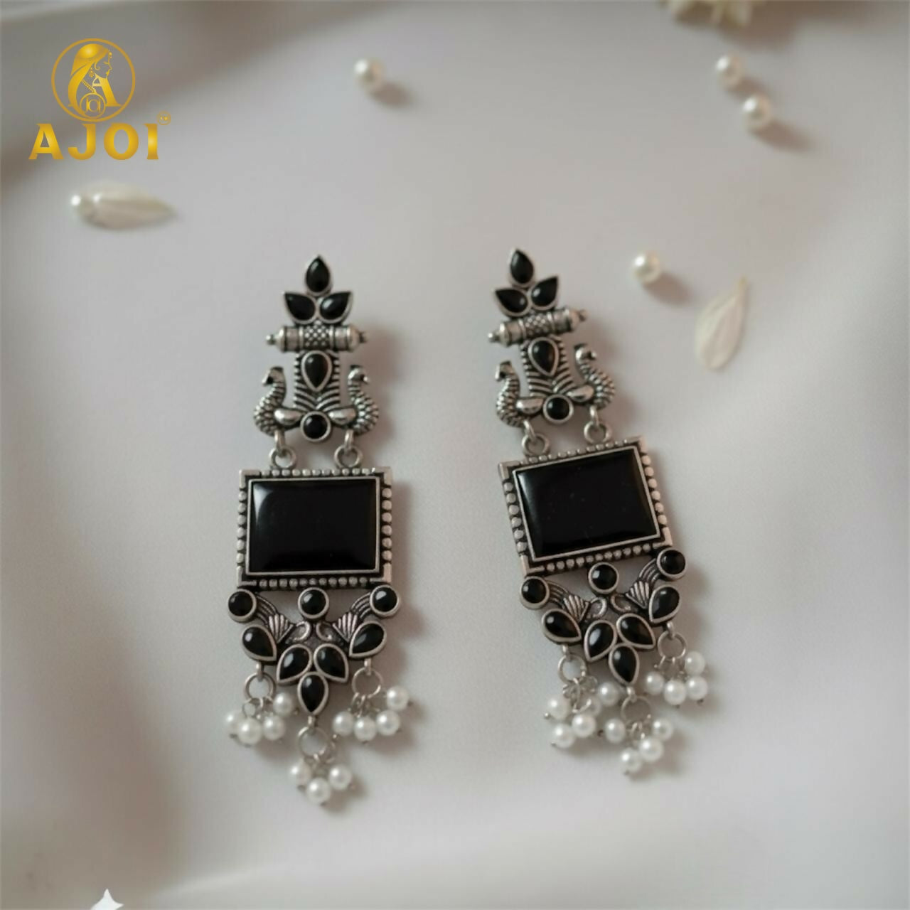Antique Black Square Stone Oxidised Silver Earrings – Ethnic Pearl Drops