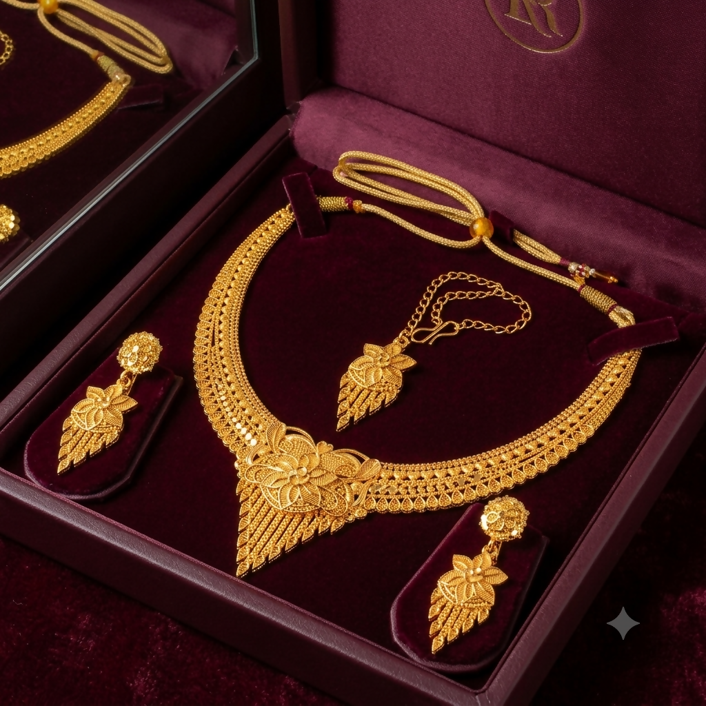 Traditional Gold-Plated Bridal Necklace Set with Earrings and Maang Tikka for Women