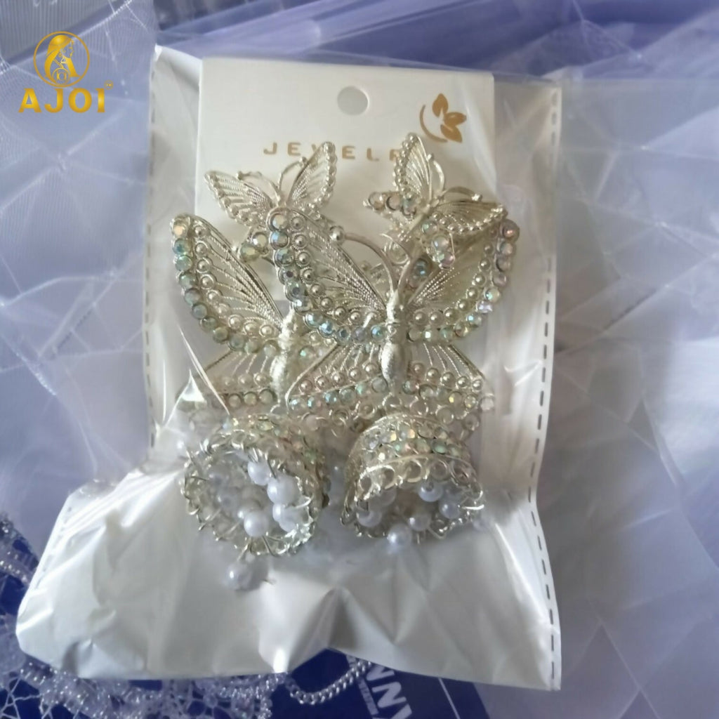 Butterfly Designer Jhumka Earrings – Silver Plated with Pearl Drops