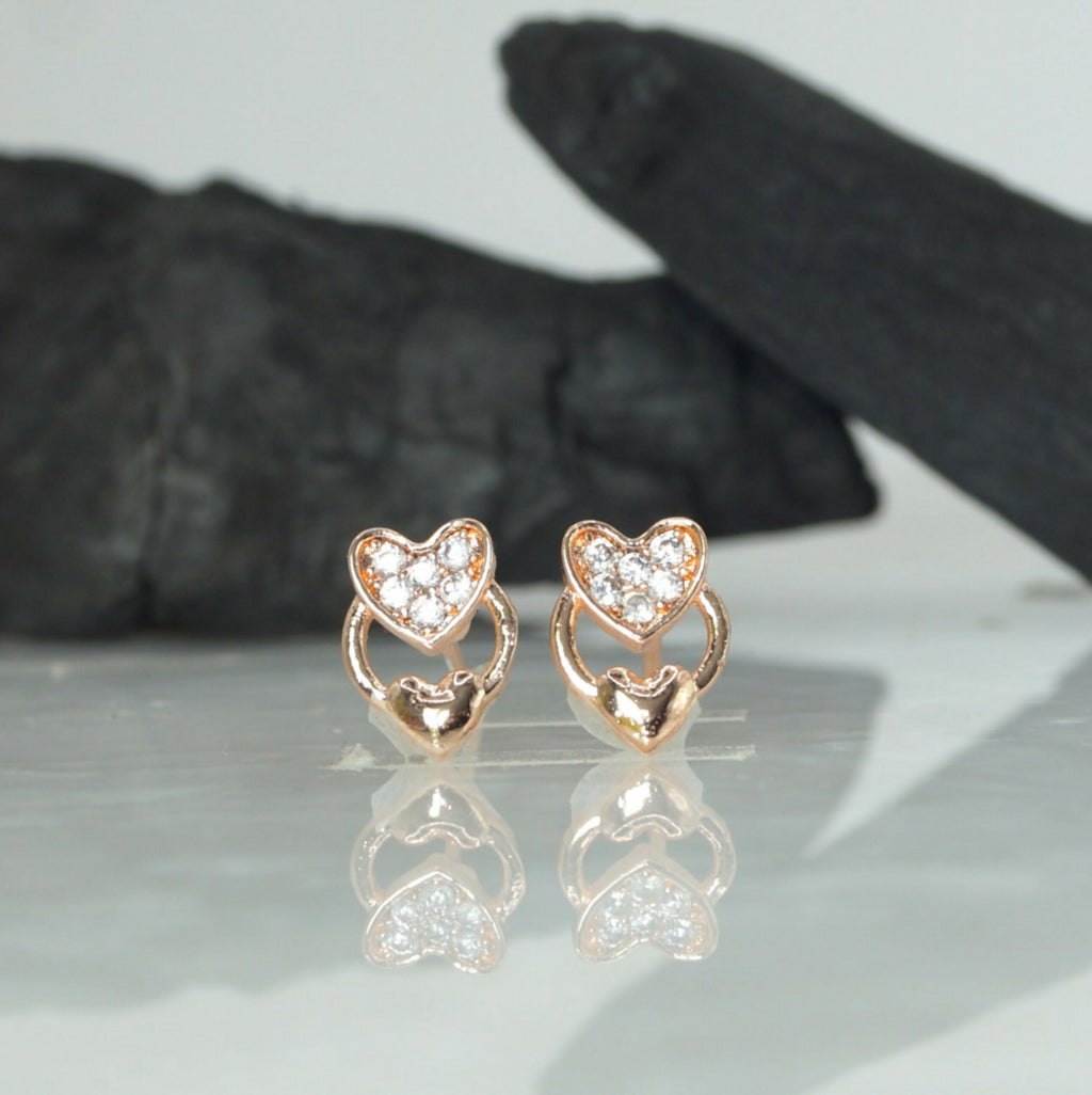 Rose Gold Heart Stud Earrings – Elegant Zircon Jewelry for Women
