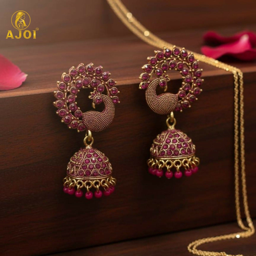 Peacock Motif Jhumka Earrings – Ruby-Tone Antique Gold Finish