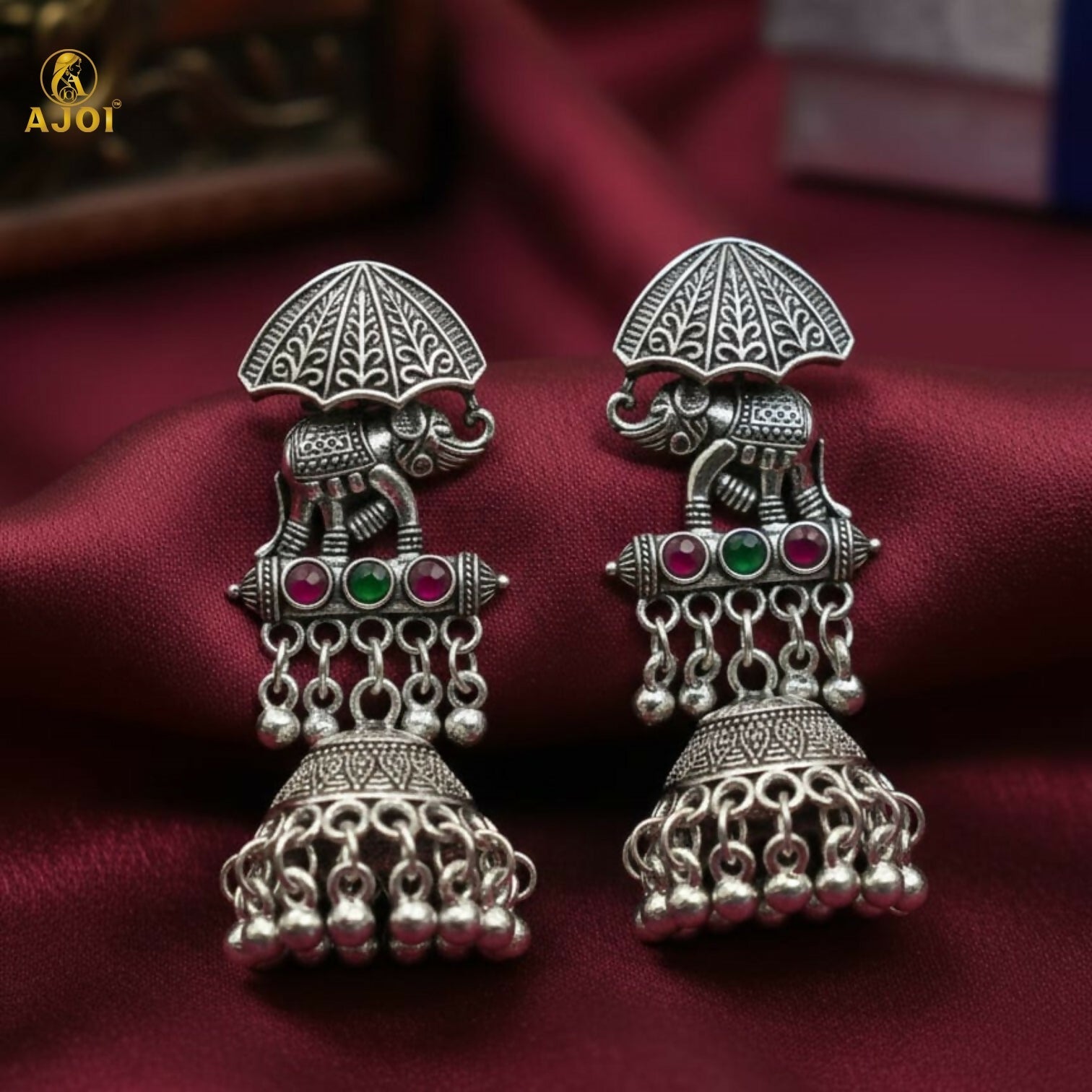 Elephant Motif Oxidized Silver Jhumka Earrings – Royal Heritage