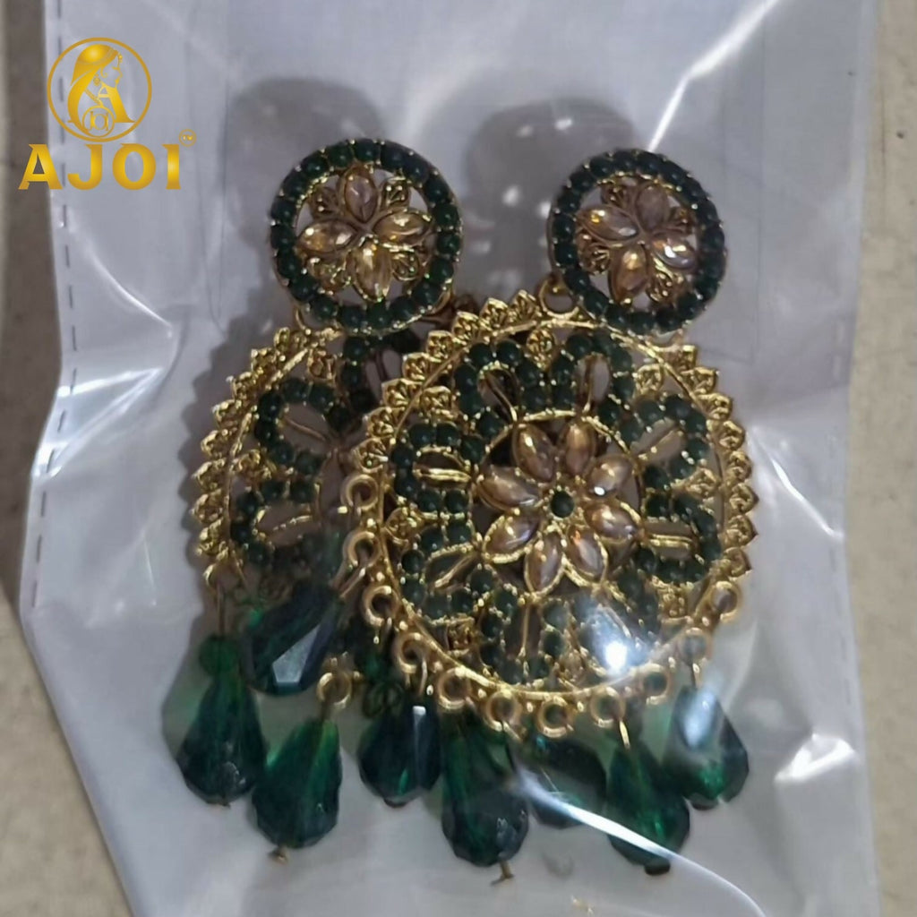 Green Floral Earrings – Elegant floral design with crystal embellishments