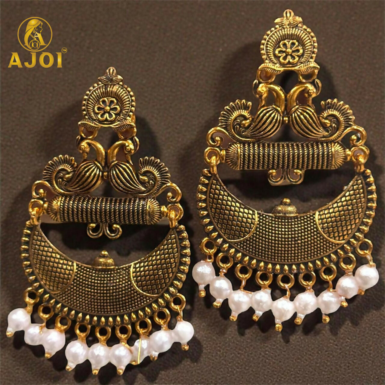 Antique Gold Tribal Chandbali Earrings – Elegant Pearl Drops