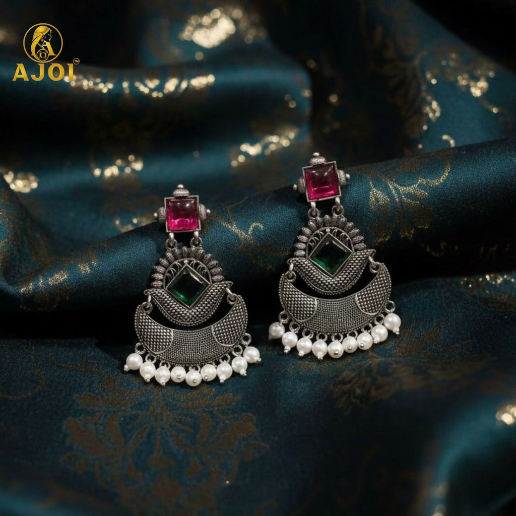 Chandbali Earrings – Antique Silver Finish with Ruby & Green Stones