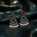 Chandbali Earrings – Antique Silver Finish with Ruby & Green Stones